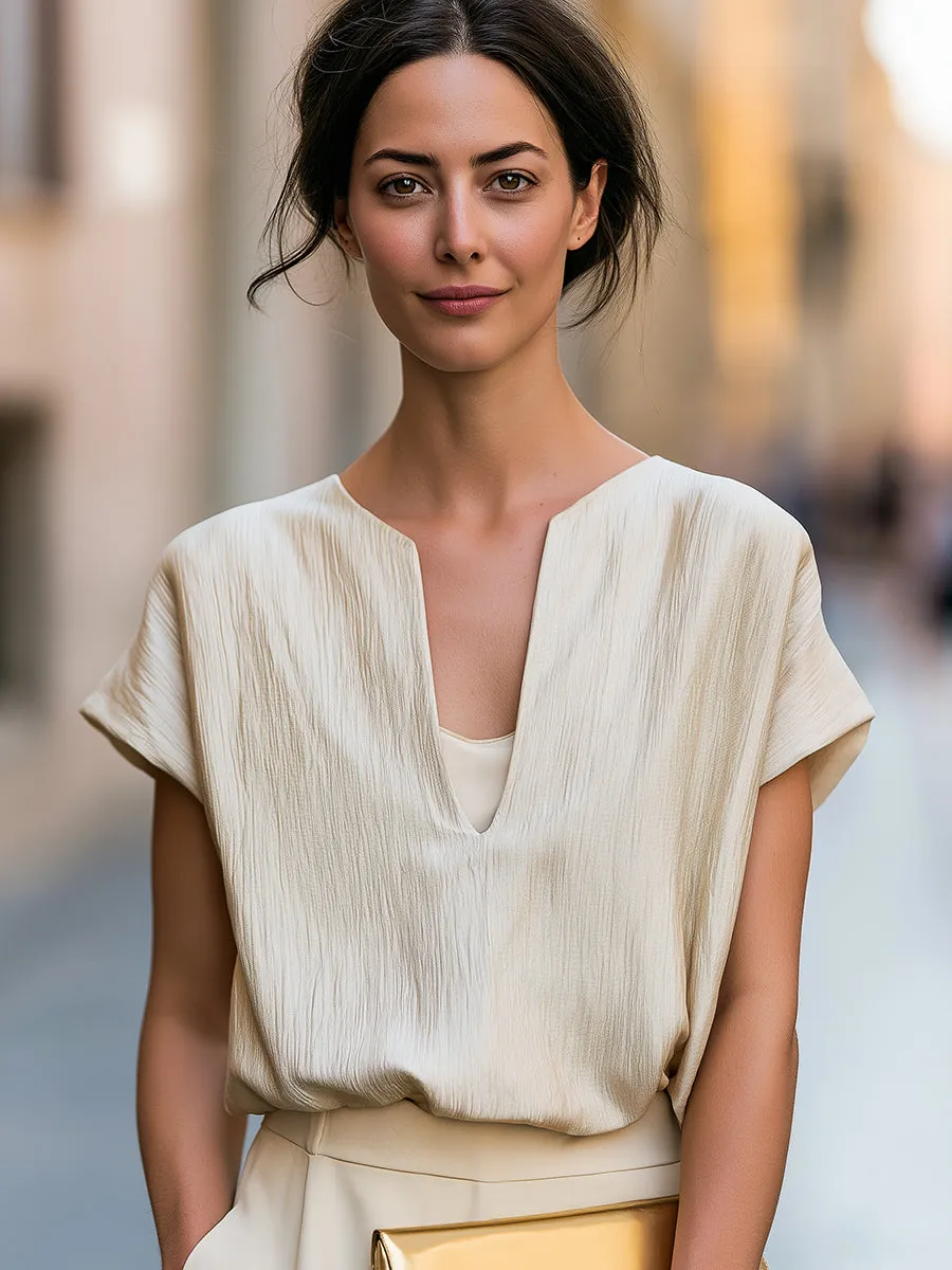 Minimalist Textured V-Neck Blouse With Relaxed Short Sleeves sold by Mooyius product image thumbnail 2