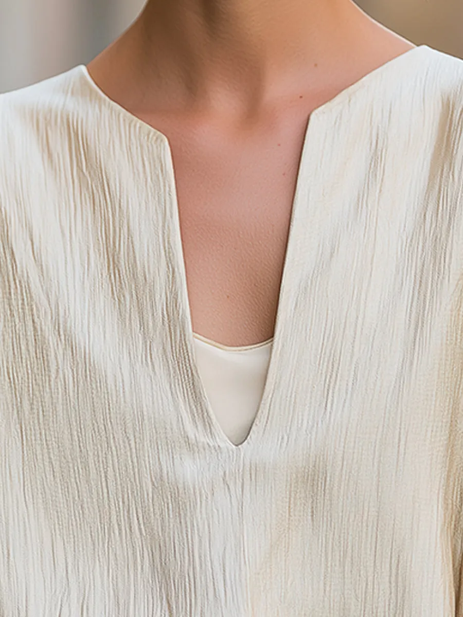 Minimalist Textured V-Neck Blouse With Relaxed Short Sleeves sold by Mooyius product image thumbnail 3