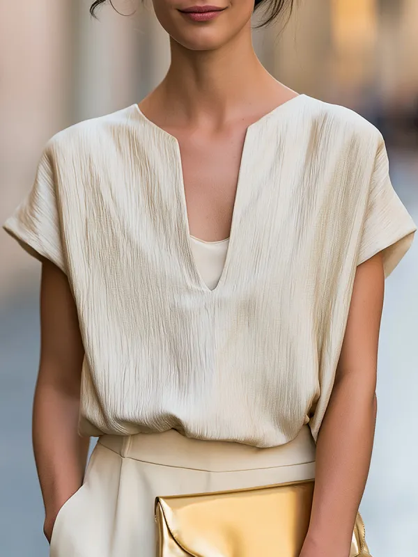 Minimalist Textured V-Neck Blouse With Relaxed Short Sleeves made by Mooyius