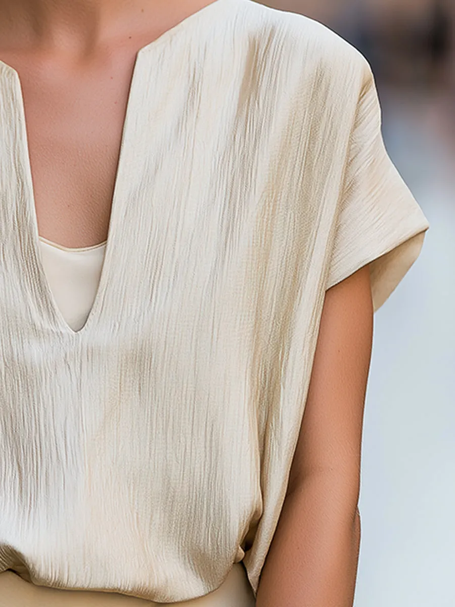 Minimalist Textured V-Neck Blouse With Relaxed Short Sleeves sold by Mooyius product image thumbnail 4