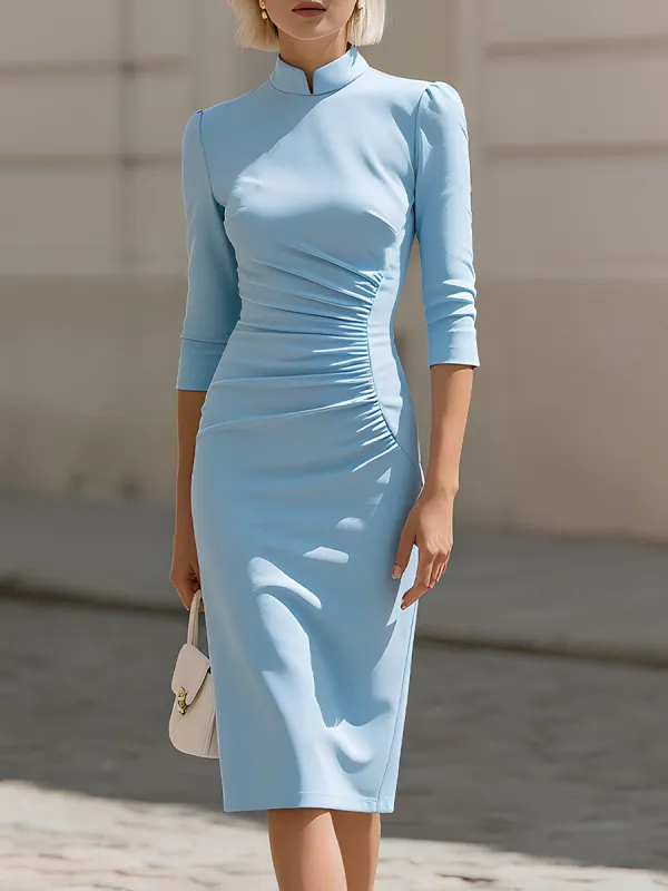 Mandarin Collar 3/4 Sleeve Side Ruched Bodycon Midi Dress made by Something Navy