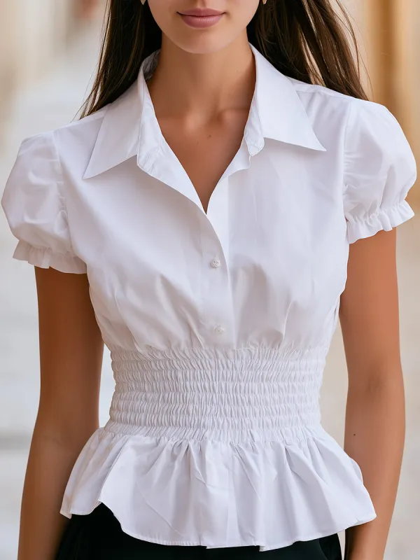 Puffed Sleeve Smocked Waist Peplum Blouse made by Mooyius