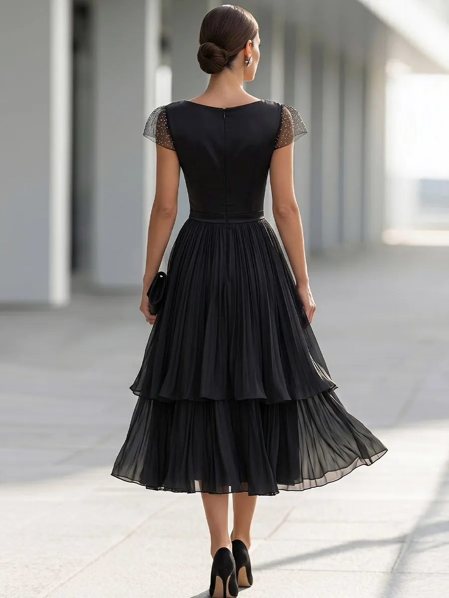 Elegant Formal Cowl Neck Satin Bodice Layered Chiffon Midi Cocktail Dress sold by Mooyius product image thumbnail 5