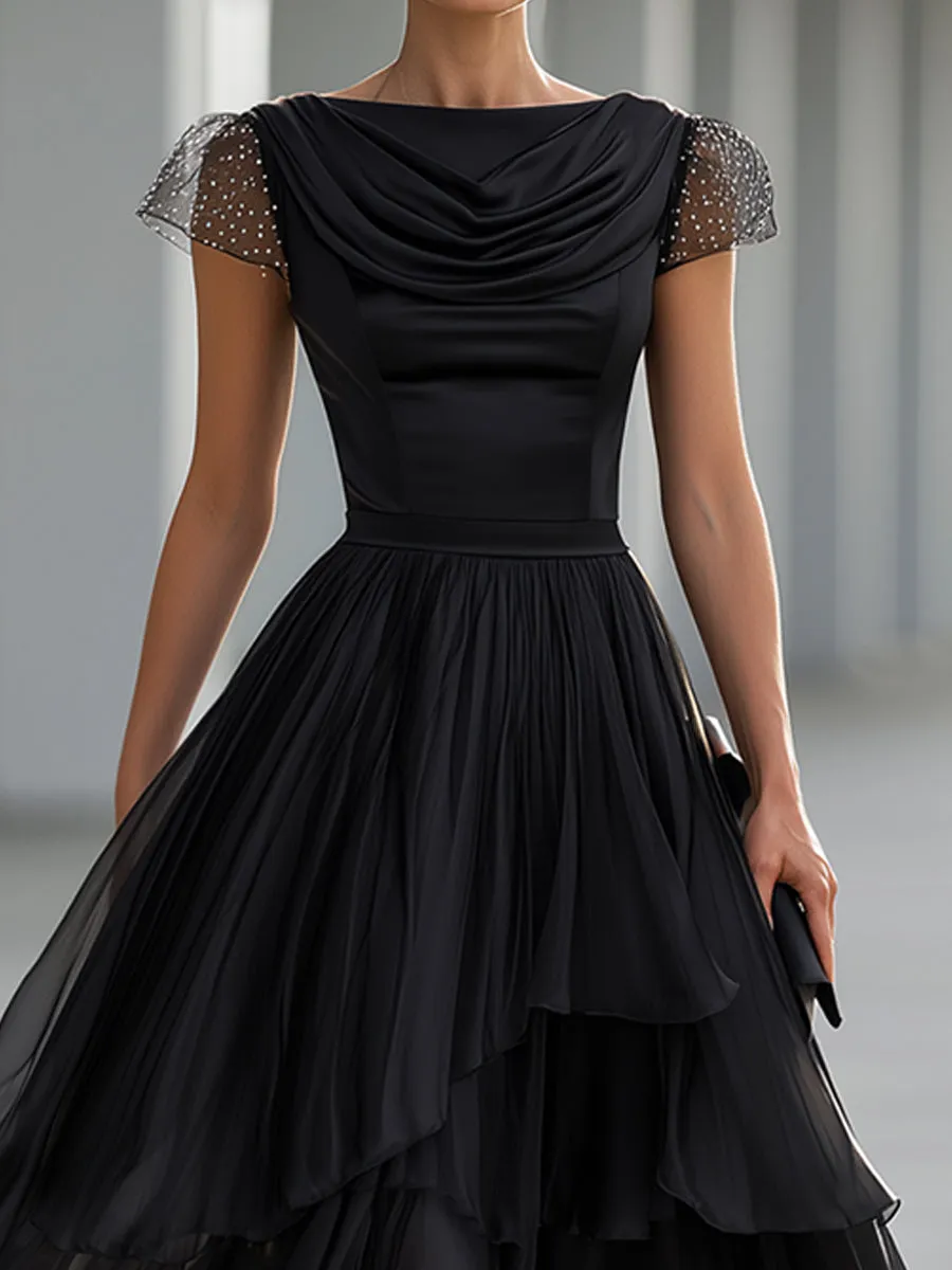 Elegant Formal Cowl Neck Satin Bodice Layered Chiffon Midi Cocktail Dress sold by Mooyius product image thumbnail 3