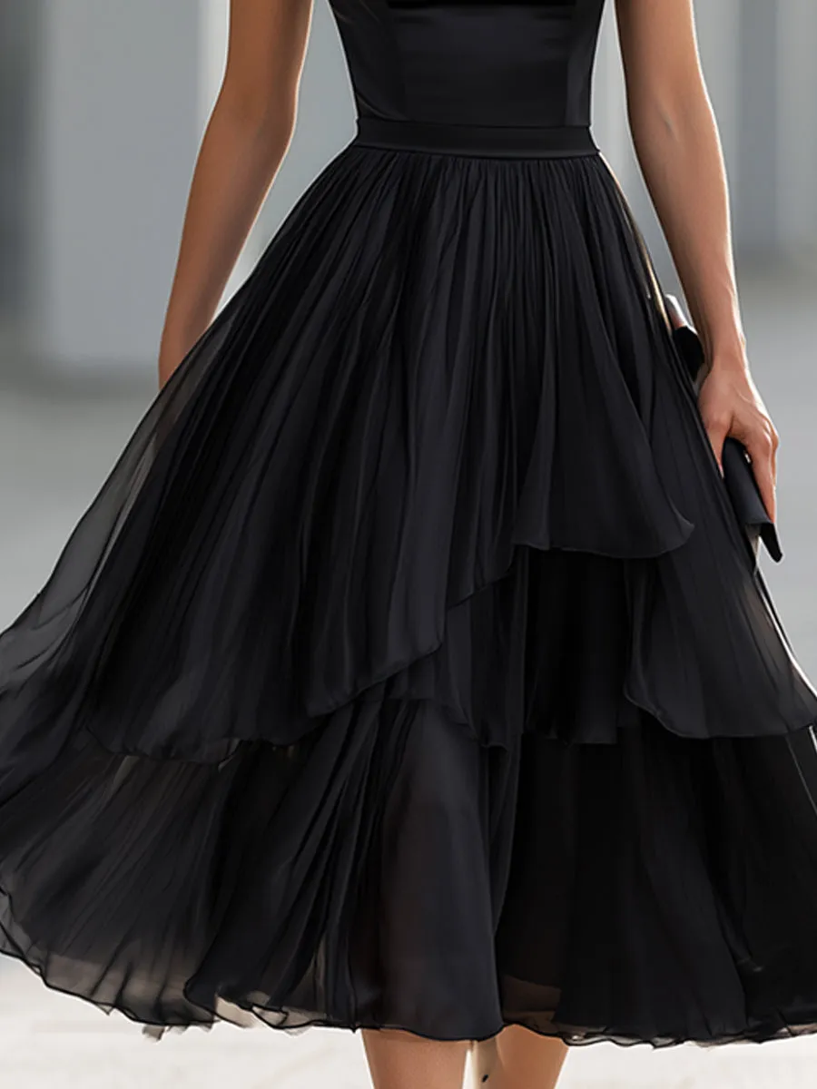 Elegant Formal Cowl Neck Satin Bodice Layered Chiffon Midi Cocktail Dress sold by Mooyius product image thumbnail 4