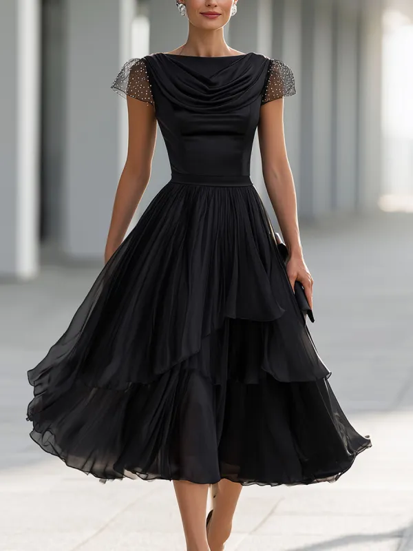 Elegant Formal Cowl Neck Satin Bodice Layered Chiffon Midi Cocktail Dress made by Mooyius