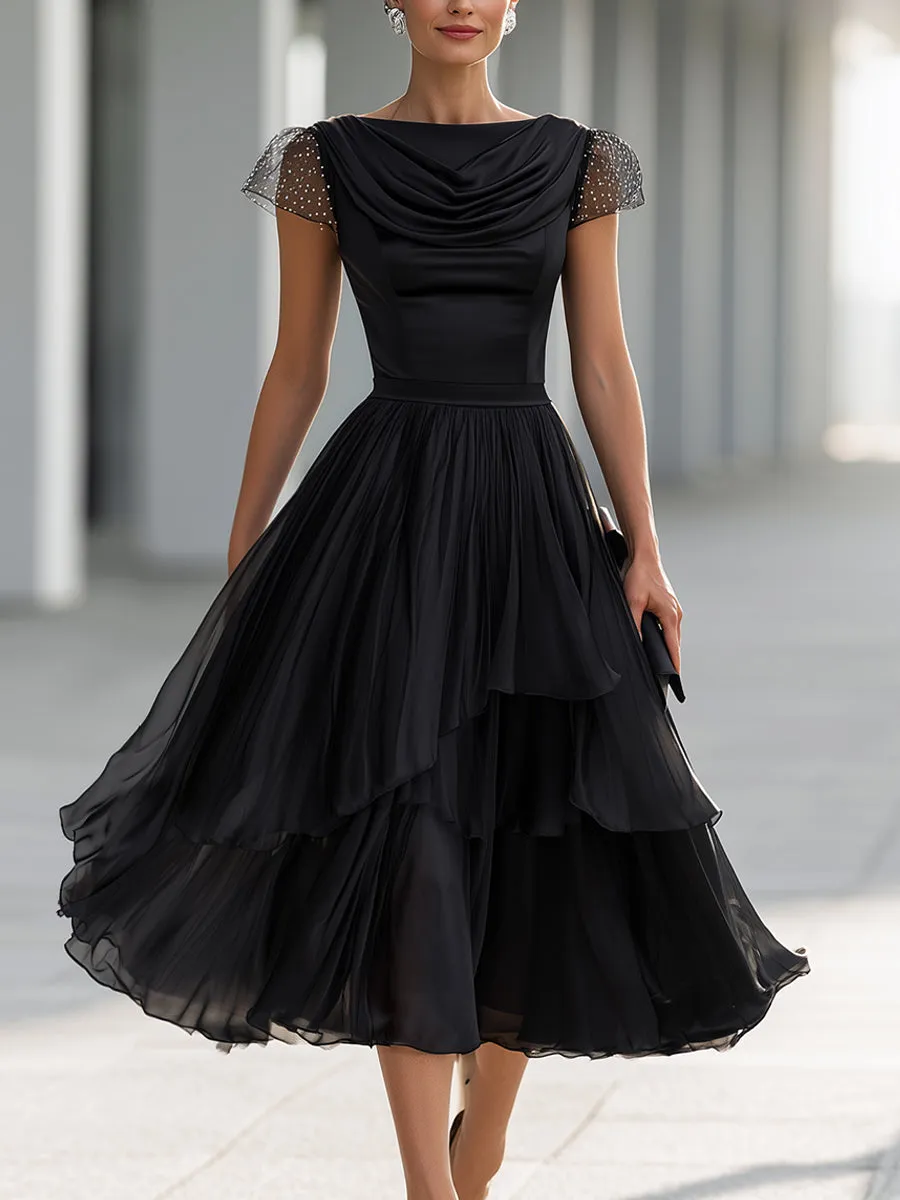 Elegant Formal Cowl Neck Satin Bodice Layered Chiffon Midi Cocktail Dress sold by Mooyius