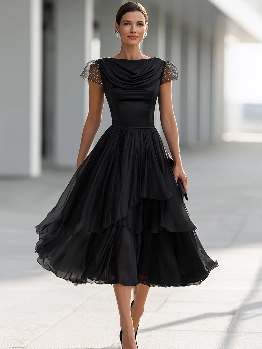 Elegant Formal Cowl Neck Satin Bodice Layered Chiffon Midi Cocktail Dress sold by Mooyius product image thumbnail 2