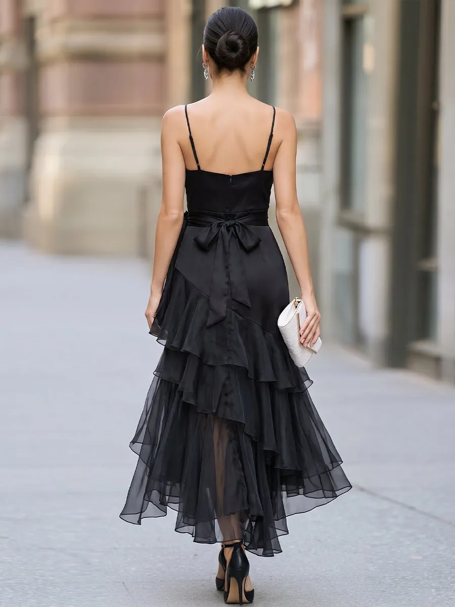 Sheer Mesh V-Neck Wrap Dress Thin Straps Cascading Flowy Tulle Ruffle Hem sold by Mooyius product image thumbnail 5