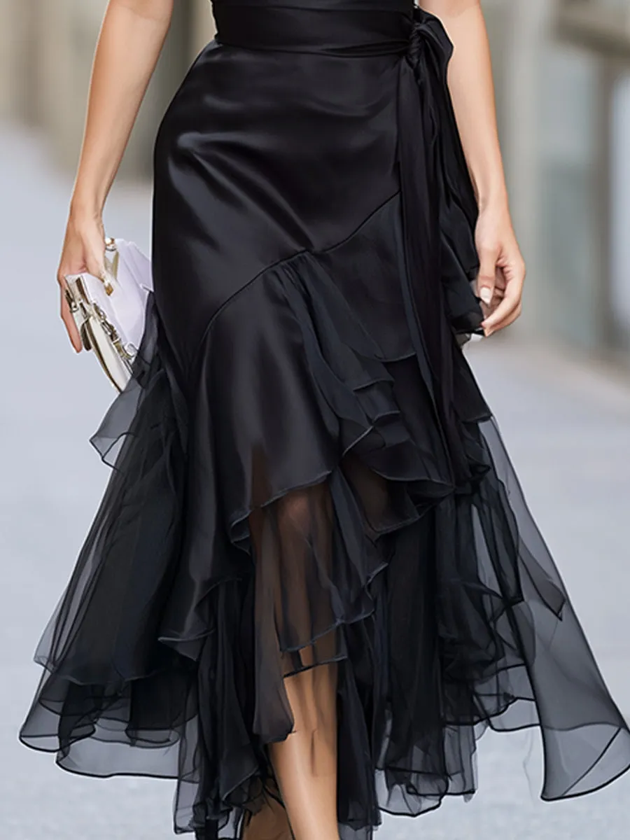 Sheer Mesh V-Neck Wrap Dress Thin Straps Cascading Flowy Tulle Ruffle Hem sold by Mooyius product image thumbnail 4