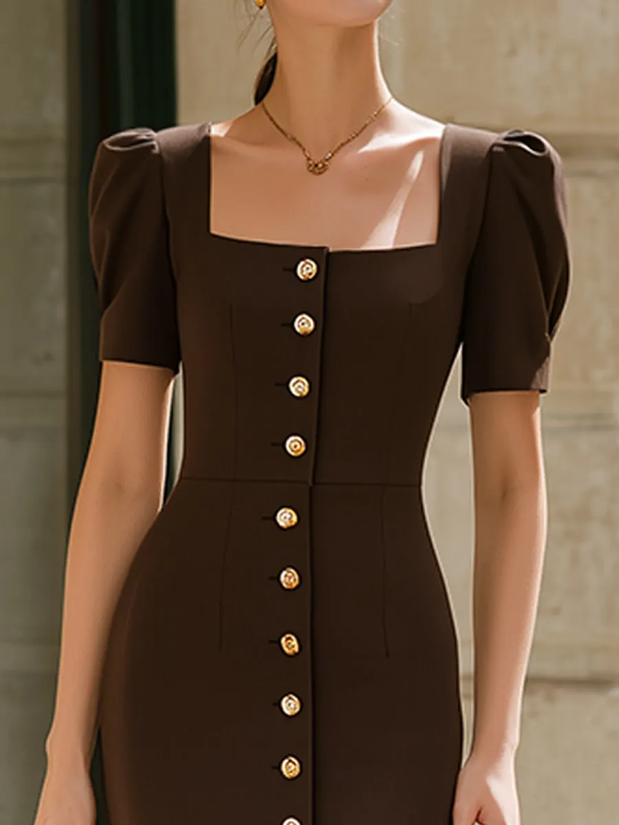 Square-Neck Double-Breasted Tailored Midi Dress sold by Mooyius product image thumbnail 3