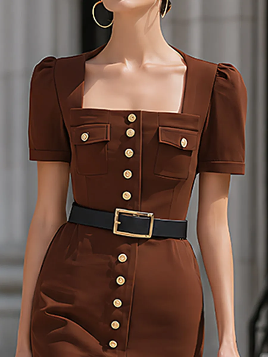 Square-Neck Belted Button-Front Midi Dress sold by Mooyius product image thumbnail 3