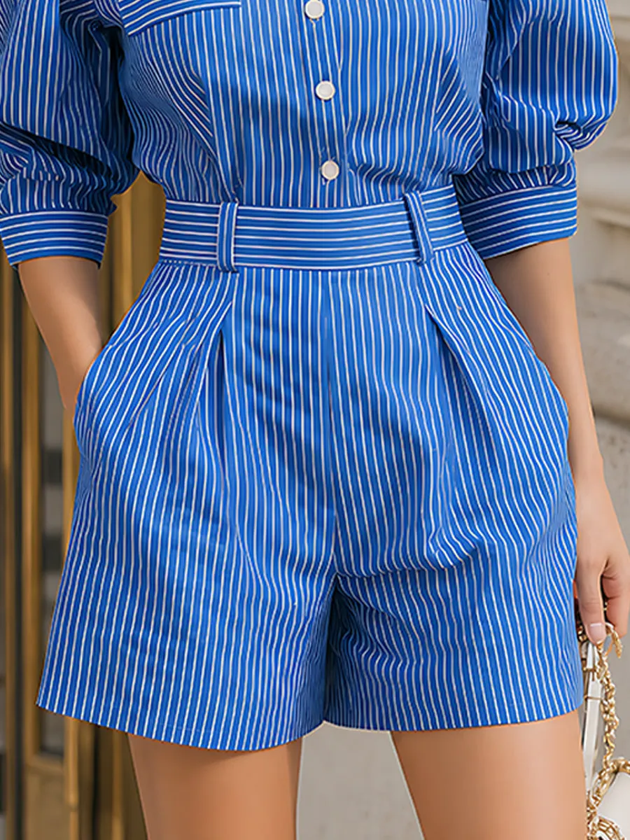 Striped Puff-Sleeve Shirt And Tailored Shorts Set sold by Mooyius product image thumbnail 4