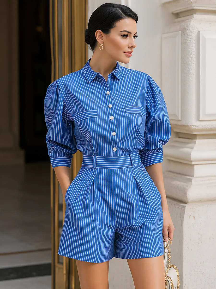 Striped Puff-Sleeve Shirt And Tailored Shorts Set sold by Mooyius product image thumbnail 2