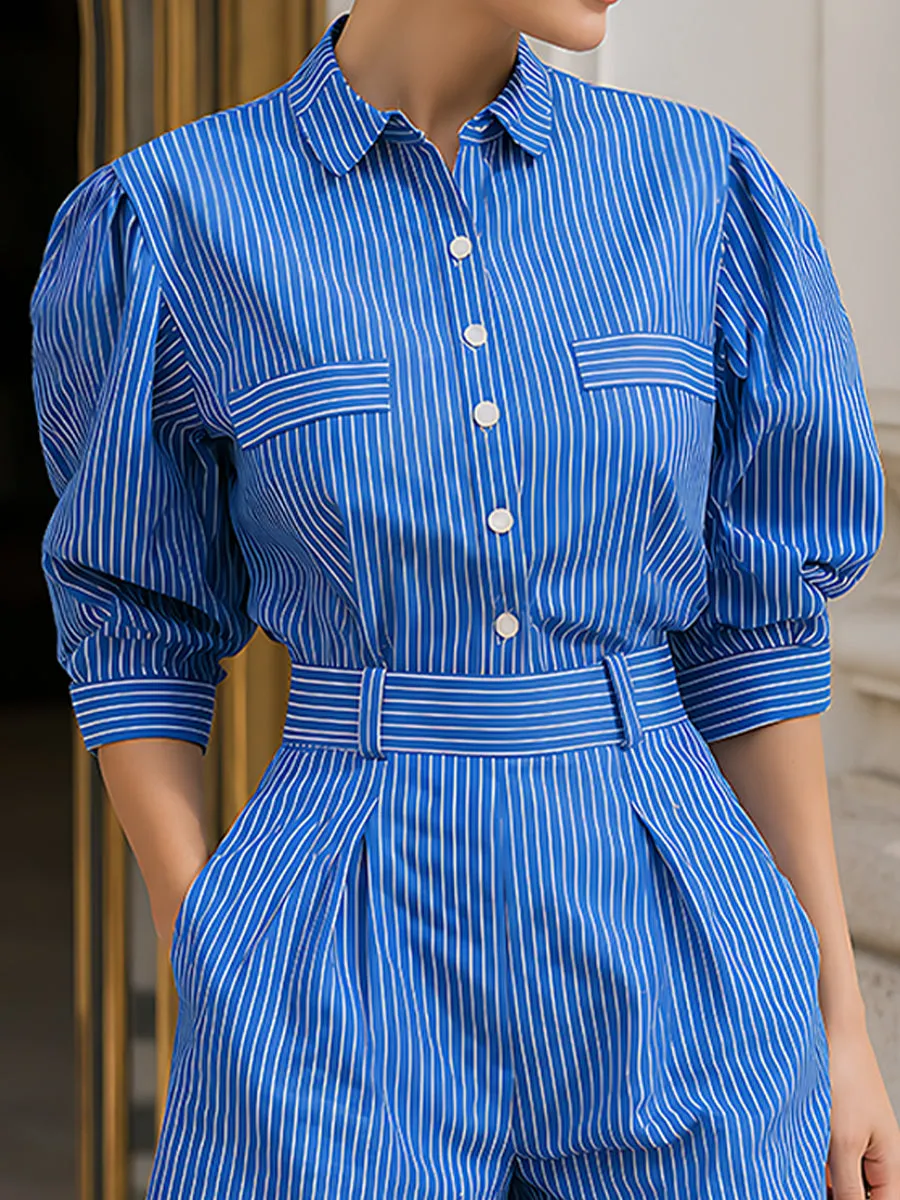 Striped Puff-Sleeve Shirt And Tailored Shorts Set sold by Mooyius product image thumbnail 3