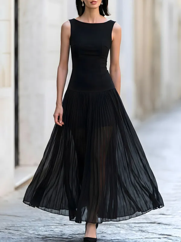 Sleeveless Boat Neck Pleated Tulle Maxi Dress made by Mooyius