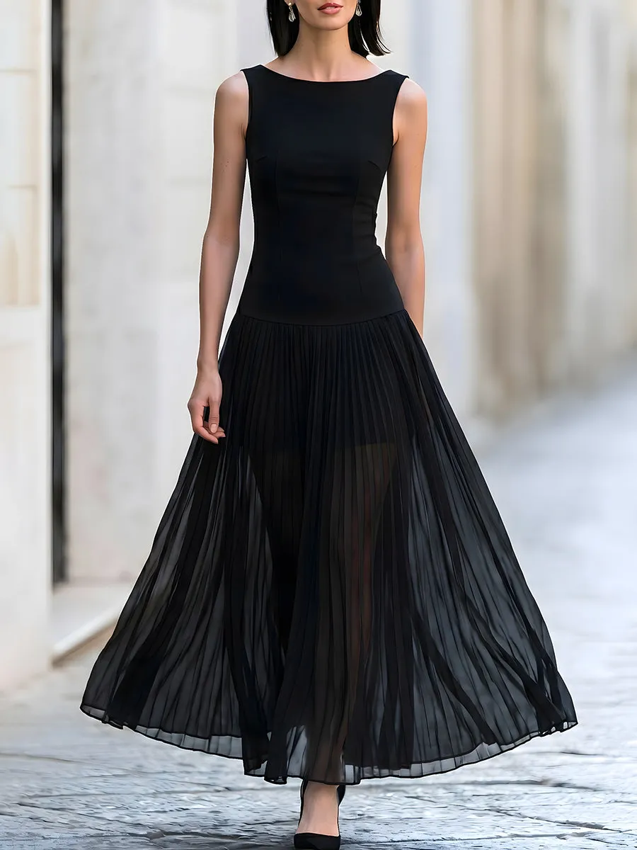 Sleeveless Boat Neck Pleated Tulle Maxi Dress sold by Mooyius