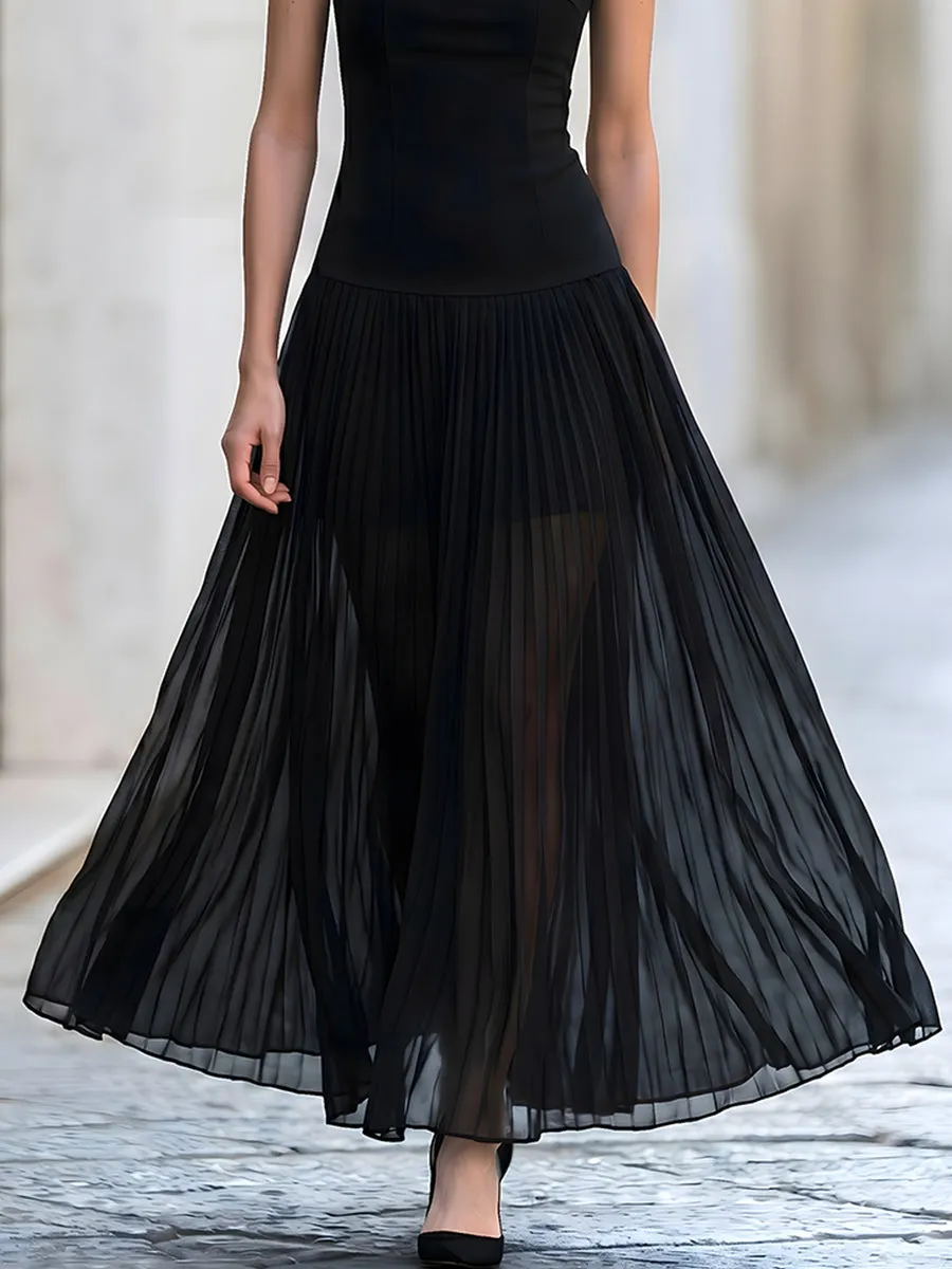Sleeveless Boat Neck Pleated Tulle Maxi Dress sold by Mooyius product image thumbnail 3