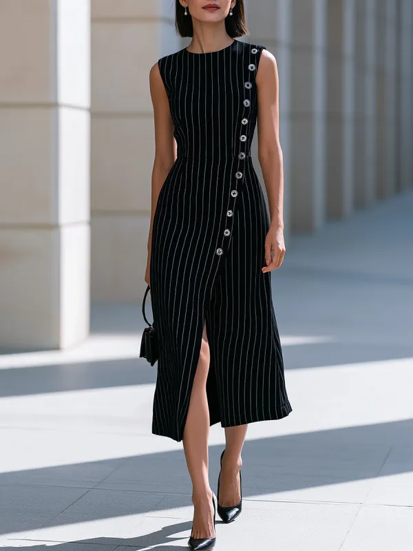 Black & White Pinstripe Sleeveless Button-Detail Midi Dress made by Mooyius