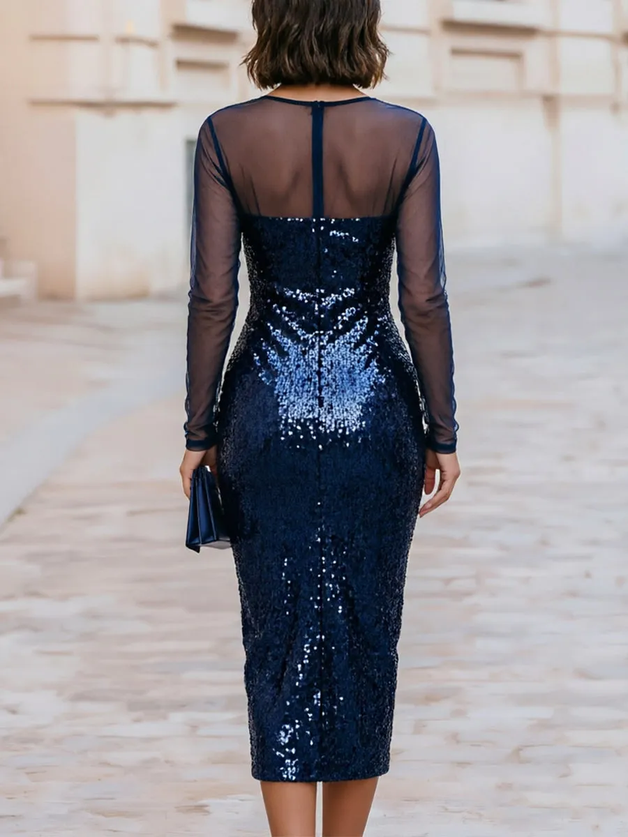 Sheer Mesh Long Sleeve Sweetheart Cowl Sequin Side Slit Midi Dress sold by Mooyius product image thumbnail 2