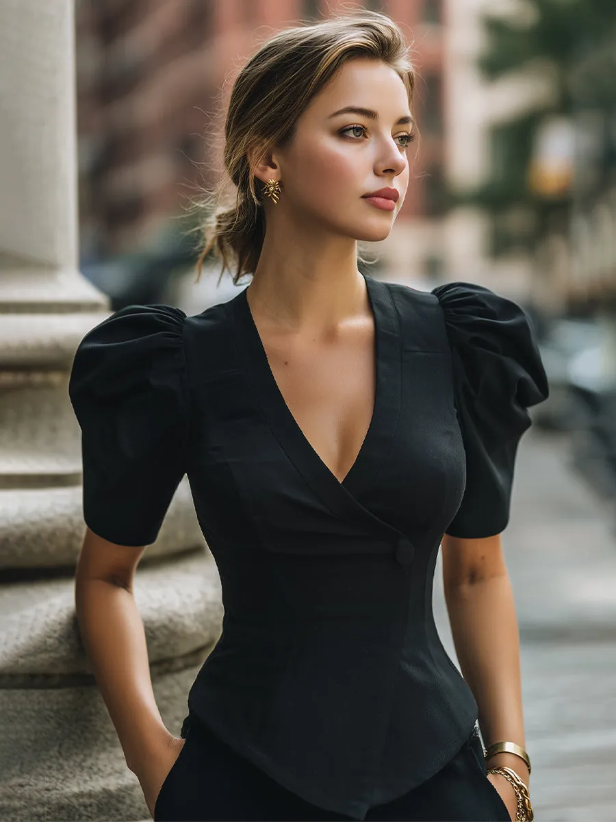 Puff-Sleeve Wrap-Front Tailored Blouse sold by Mooyius product image thumbnail 2