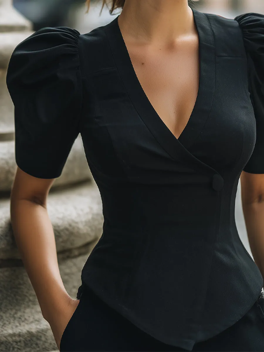 Puff-Sleeve Wrap-Front Tailored Blouse sold by Mooyius product image thumbnail 3