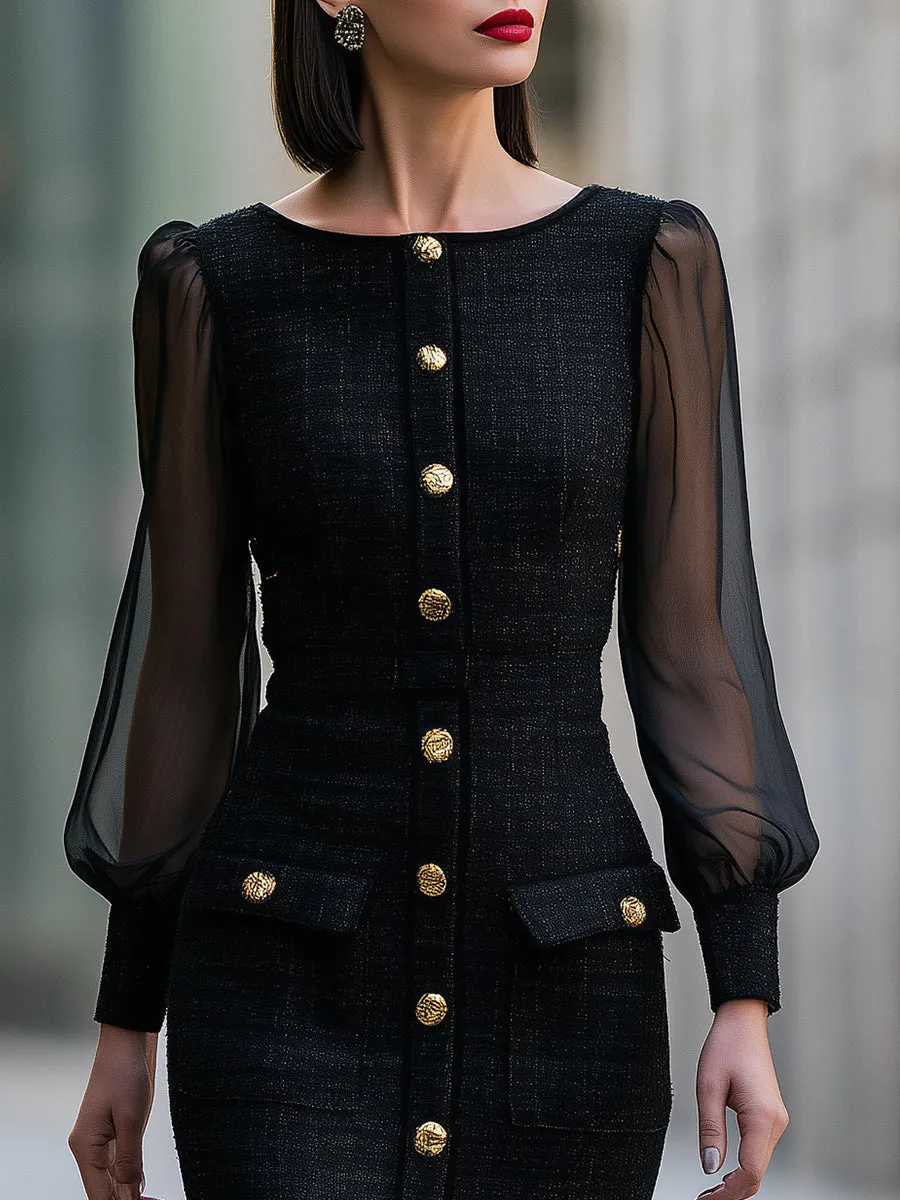 Tweed Midi Dress With Gold Button Detailing And Sheer Puff Sleeves sold by Mooyius product image thumbnail 3
