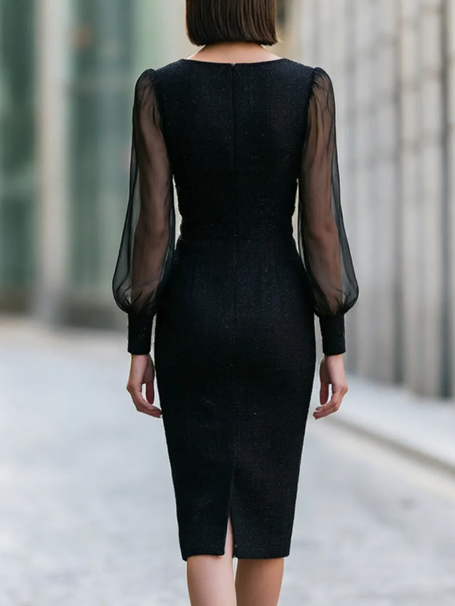 Tweed Midi Dress With Gold Button Detailing And Sheer Puff Sleeves sold by Mooyius product image thumbnail 4