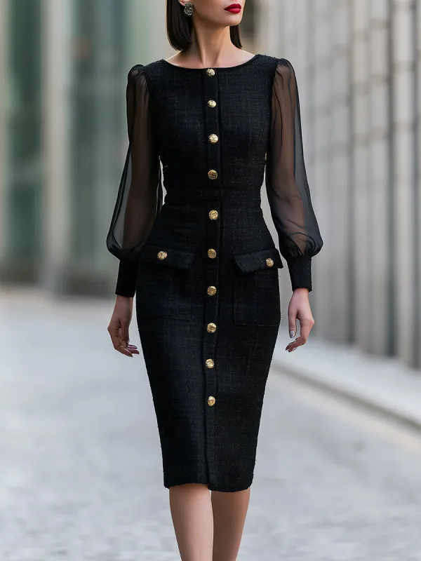 Tweed Midi Dress With Gold Button Detailing And Sheer Puff Sleeves made by Mooyius