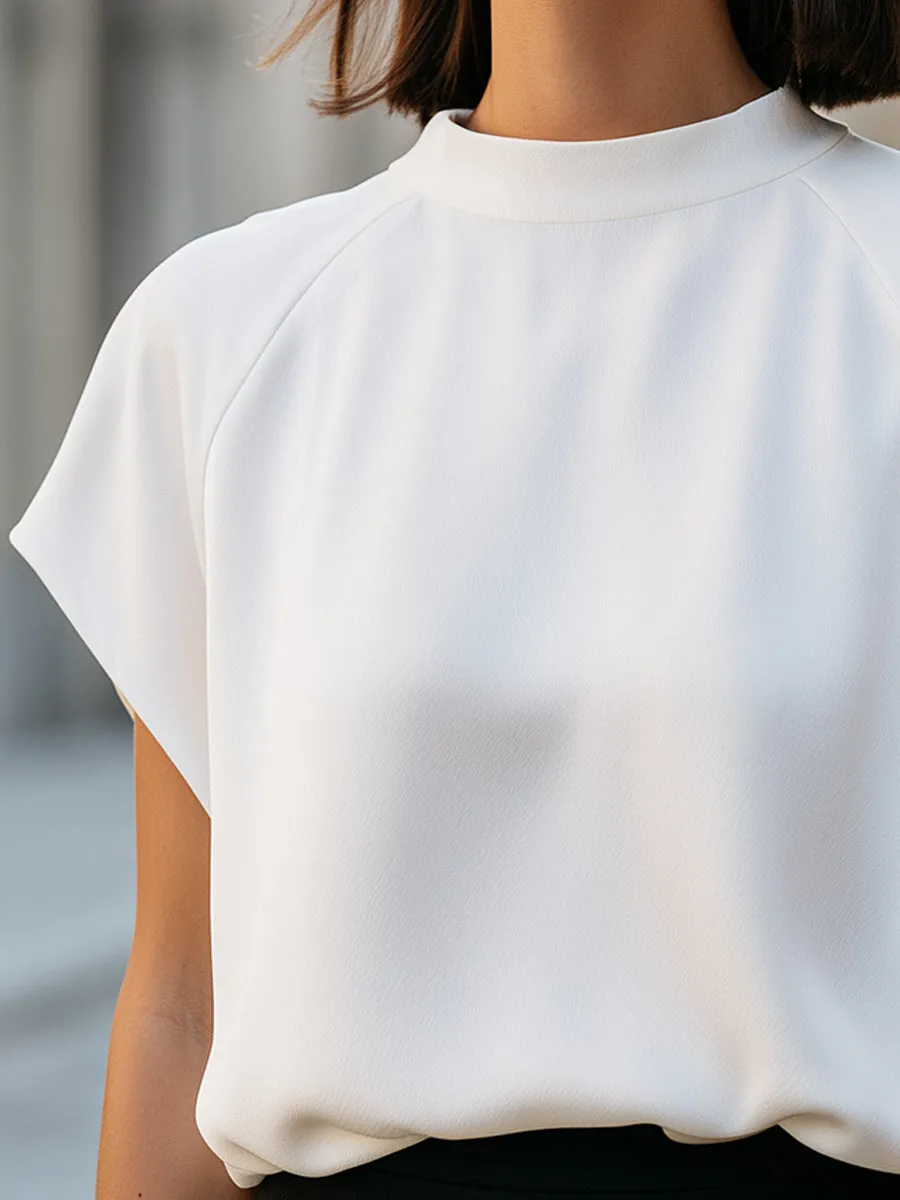 Minimalist High-Neck Cap Sleeve Blouse With Relaxed Blouson Hem sold by Mooyius product image thumbnail 3