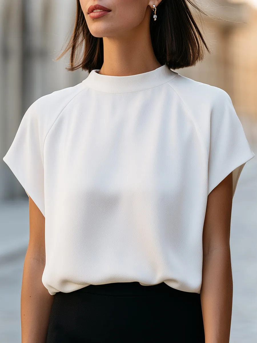Minimalist High-Neck Cap Sleeve Blouse With Relaxed Blouson Hem sold by Mooyius
