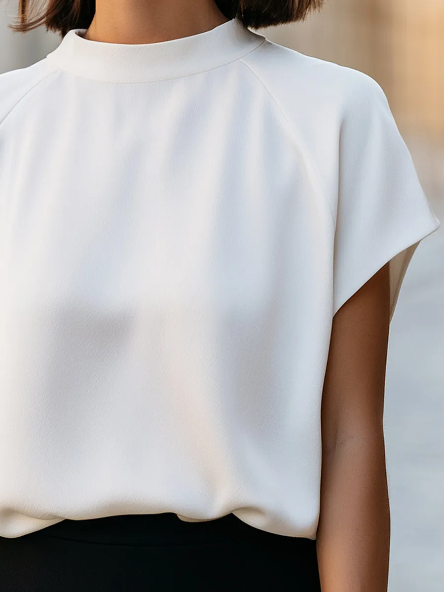 Minimalist High-Neck Cap Sleeve Blouse With Relaxed Blouson Hem sold by Mooyius product image thumbnail 2