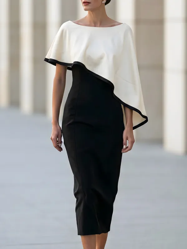 Black Sheath Midi Dress With Asymmetric Cape Overlay In White Contrast Trim made by Mooyius