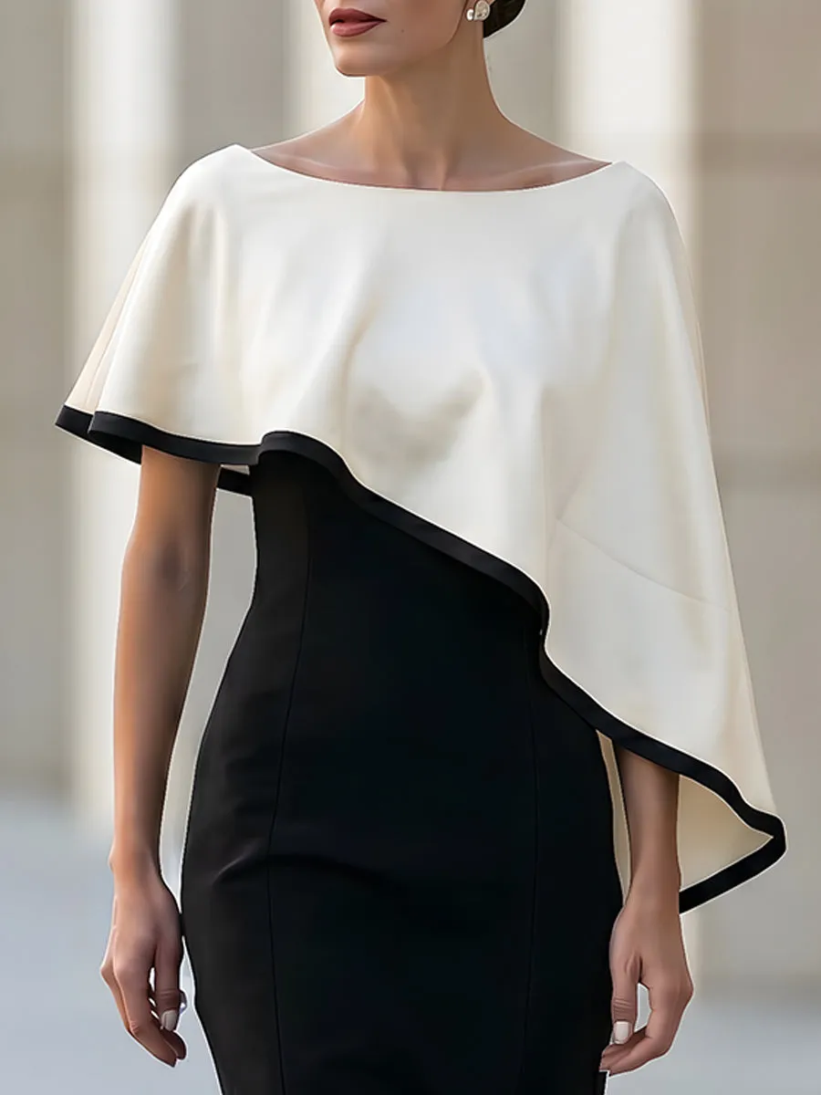 Black Sheath Midi Dress With Asymmetric Cape Overlay In White Contrast Trim sold by Mooyius product image thumbnail 2
