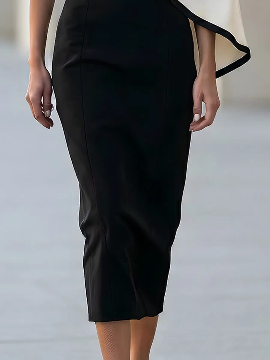 Black Sheath Midi Dress With Asymmetric Cape Overlay In White Contrast Trim sold by Mooyius product image thumbnail 3
