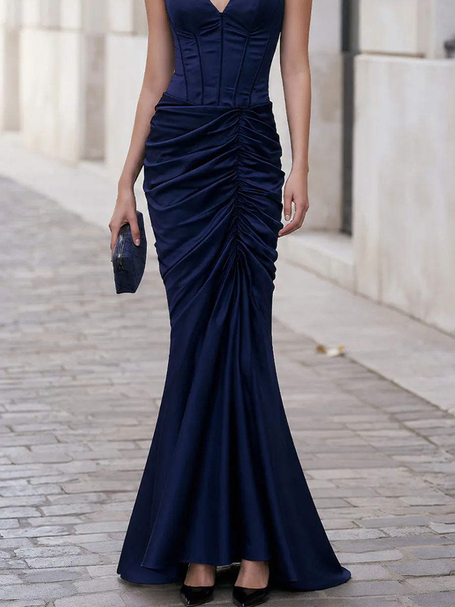 Satin Sleeveless Deep V Corset Ruched Mermaid Floor-Length Evening Gown sold by Mooyius product image thumbnail 5