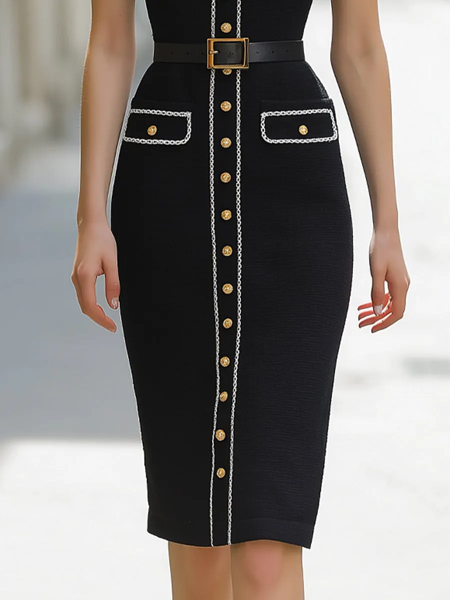 Lace Trim Square Neck Buttoned Tweed Midi Dress With Belt sold by Mooyius product image thumbnail 4