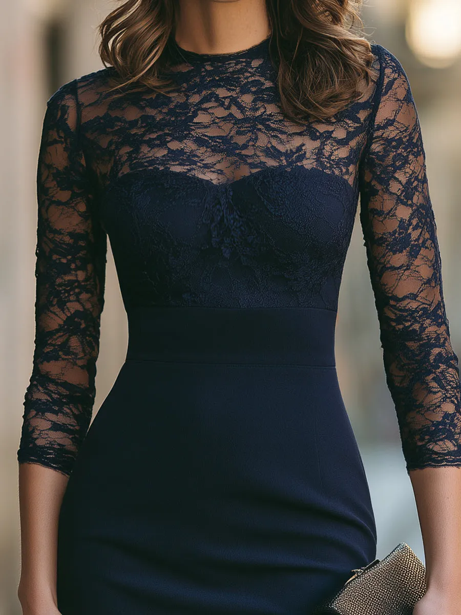 Lace Sleeve Sheer Yoke Pencil Midi Dress sold by Mooyius product image thumbnail 3