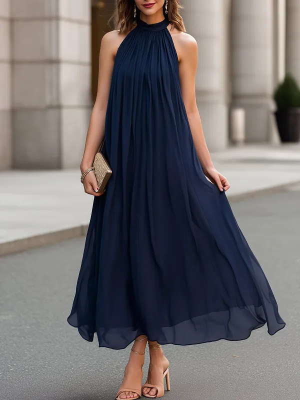 Halter Neck Pleated Chiffon Maxi Dress made by Mooyius