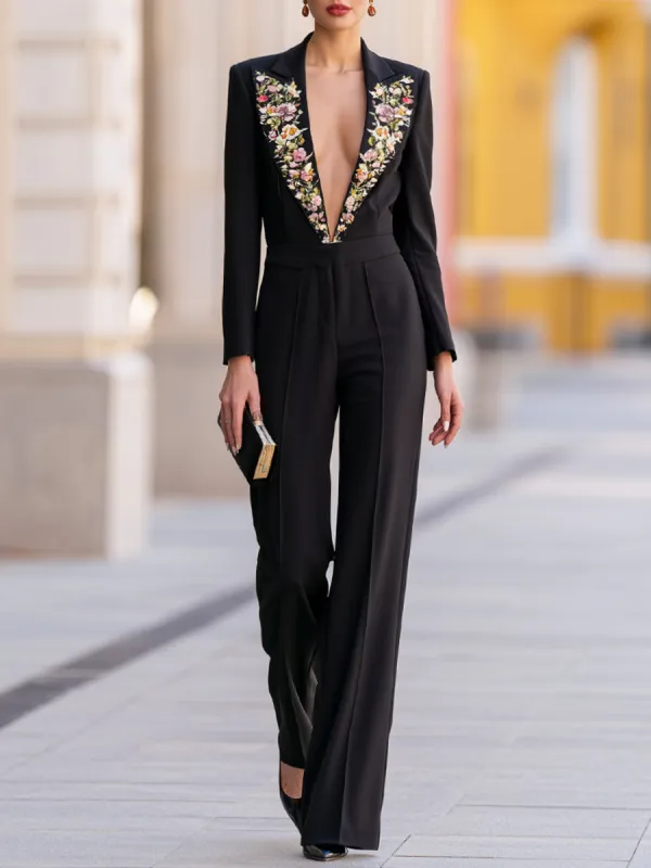 Flower Embellished Blazer Collar Wide Leg Jumpsuit made by Mooyius