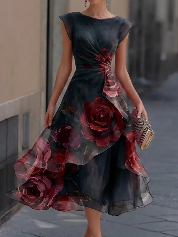 Elegant Floral Boat Neck Layered Organza High-Low Midi Gown made by Mooyius