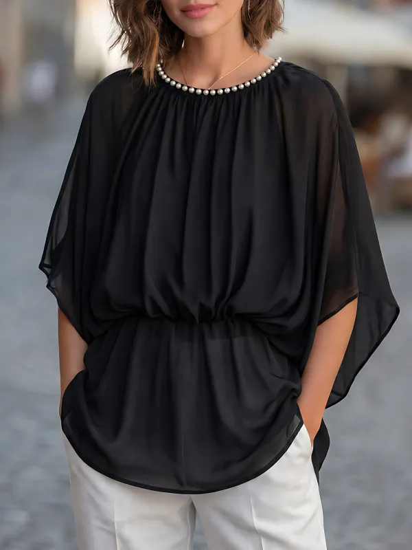 Pearl Embellished Crew Neck Gathered Cape Blouse made by Mooyius