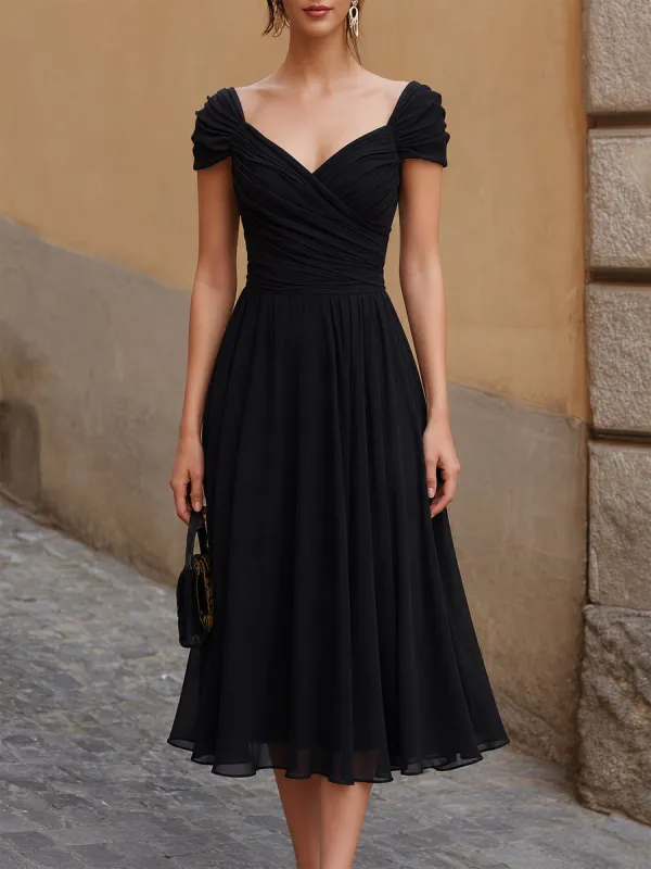 Off-Shoulder Ruched Sweetheart Chiffon A-Line Midi Dress made by Mooyius