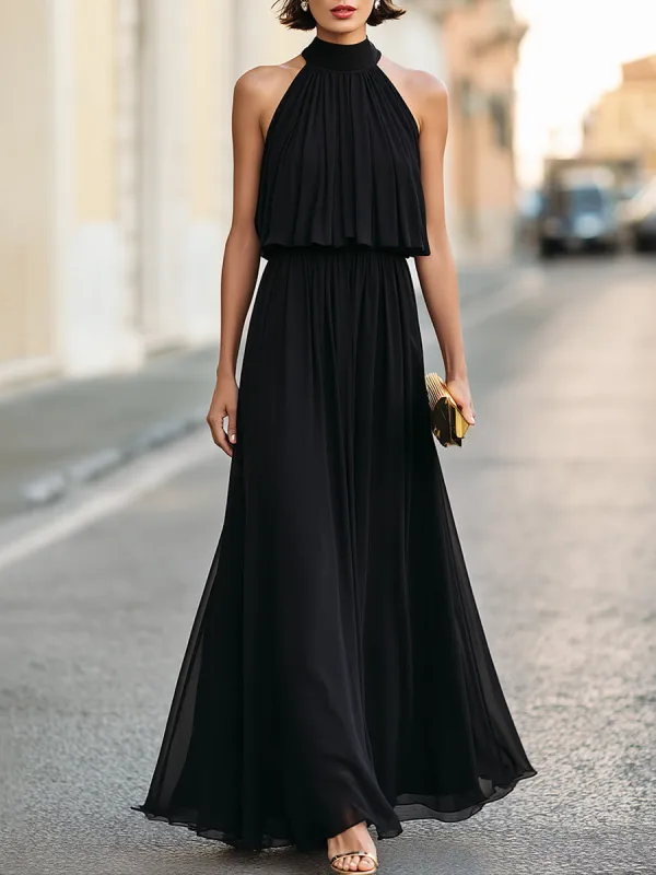 Draped Halter Neck Chiffon Maxi Evening Dress made by Mooyius