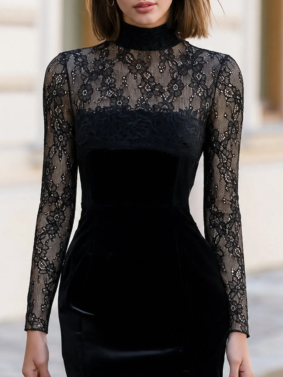 High Neck Floral Lace Long Sleeve Velvet Bodycon Mini Dress sold by Mooyius product image thumbnail 4