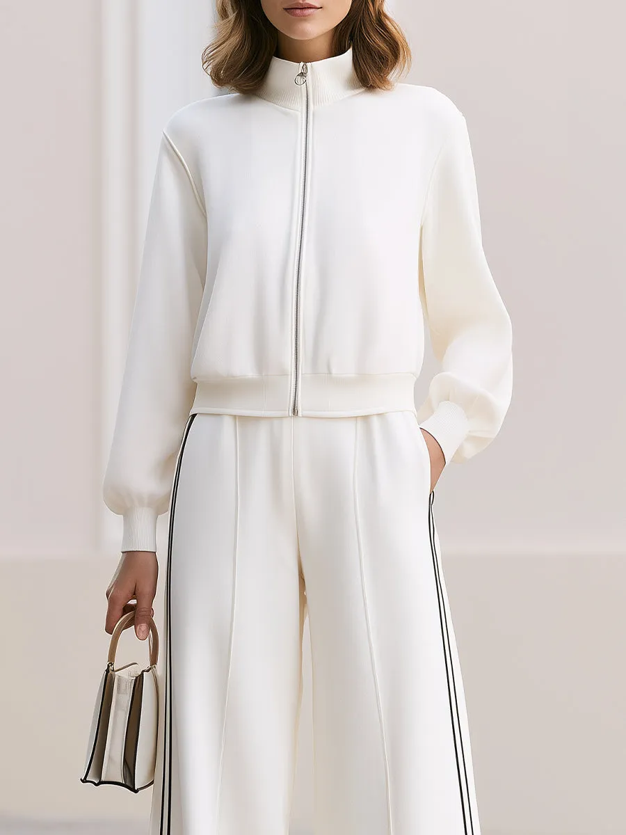 Stand Collar Zip Cropped Jacket & Double Side Stripe Wide Leg Pants sold by Mooyius product image thumbnail 3