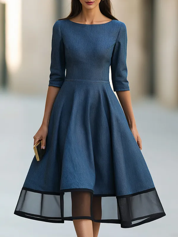 Sheer Hem Bateau Neck A-Line Midi Dress made by Mooyius
