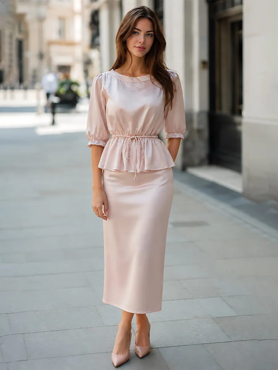 Drawstring Peplum Satin Top And Maxi Skirt Set sold by Mooyius product image thumbnail 2