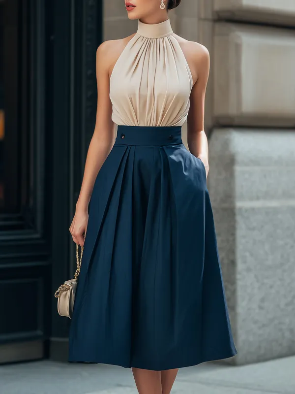 Halter-Neck Gathered Bodice Pleated Midi Dress made by Mooyius