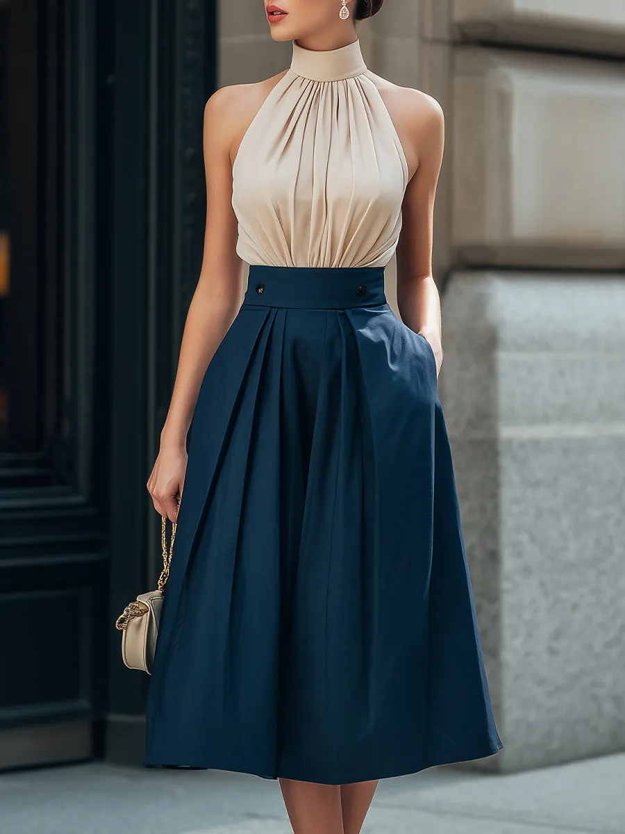 Halter-Neck Gathered Bodice Pleated Midi Dress sold by Mooyius
